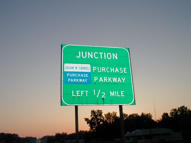 Julian M. Carroll Purchase Parkway sign on US 62 in Marshall County. (July 20, 2003)