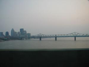 The US 31 George Rogers Clark Memorial Bridge/Second Street Bridge over the Ohio River in downtown Louisville, KY viewed from the I-65 John F. Kennedy Bridge.
