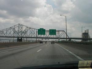 The US 31 George Rogers Clark Memorial Bridge/Second Street Bridge over the Ohio River in downtown Louisville, KY viewed from eastbound I-64 in downtown.