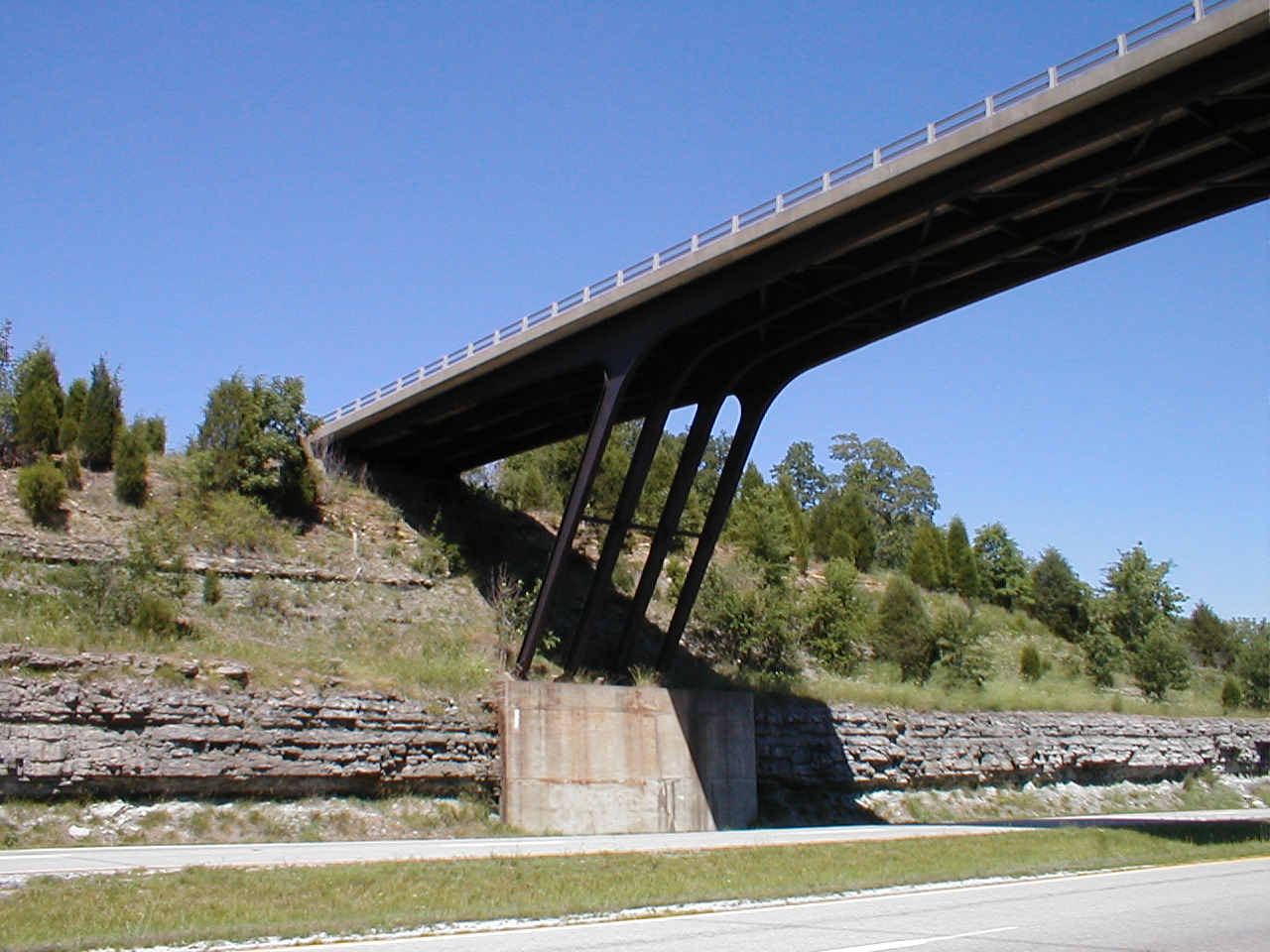 A view of the underside and supports of the bridge.