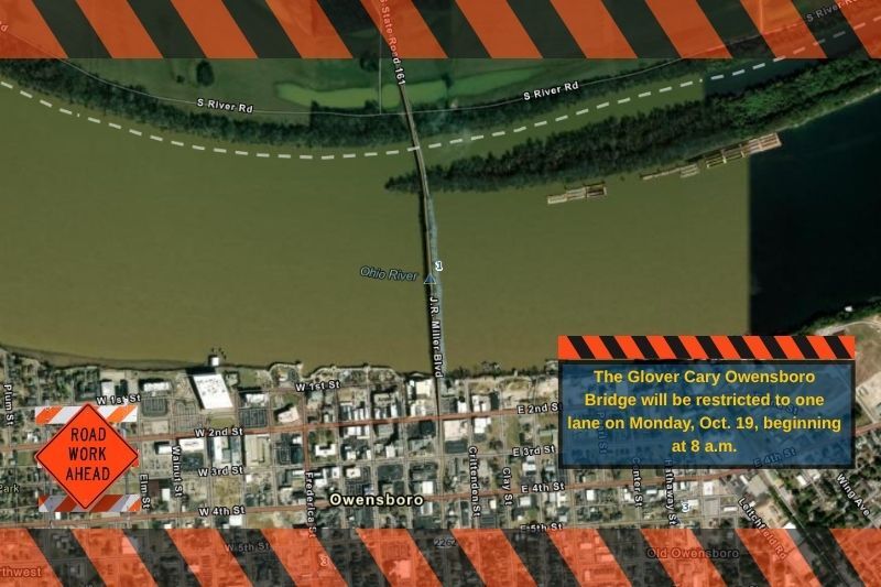 Aerial view of the Glover Cary (Blue) Bridge in Owensboro announcing a one-lane restriction on Oct. 19, 2026 (Kentucky Transportation Cabinet graphic)