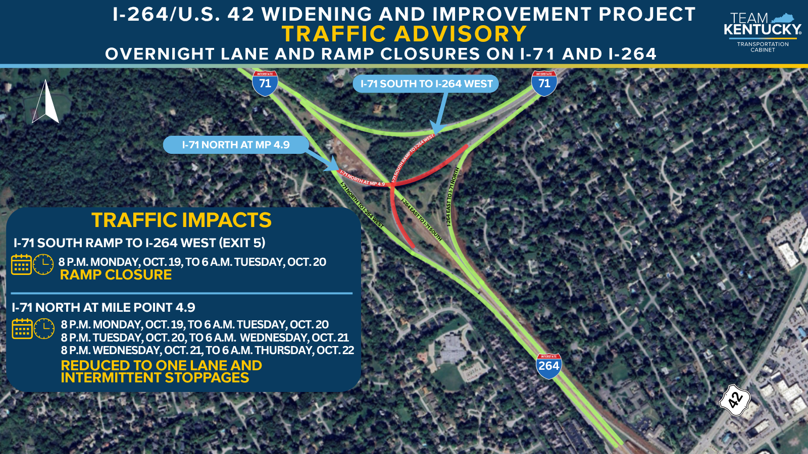 Map of the overnight I-71 lane and ramp closures at the I-264 interchange, Oct. 19-22, 2026 (Kentucky Transportation Cabinet graphic)