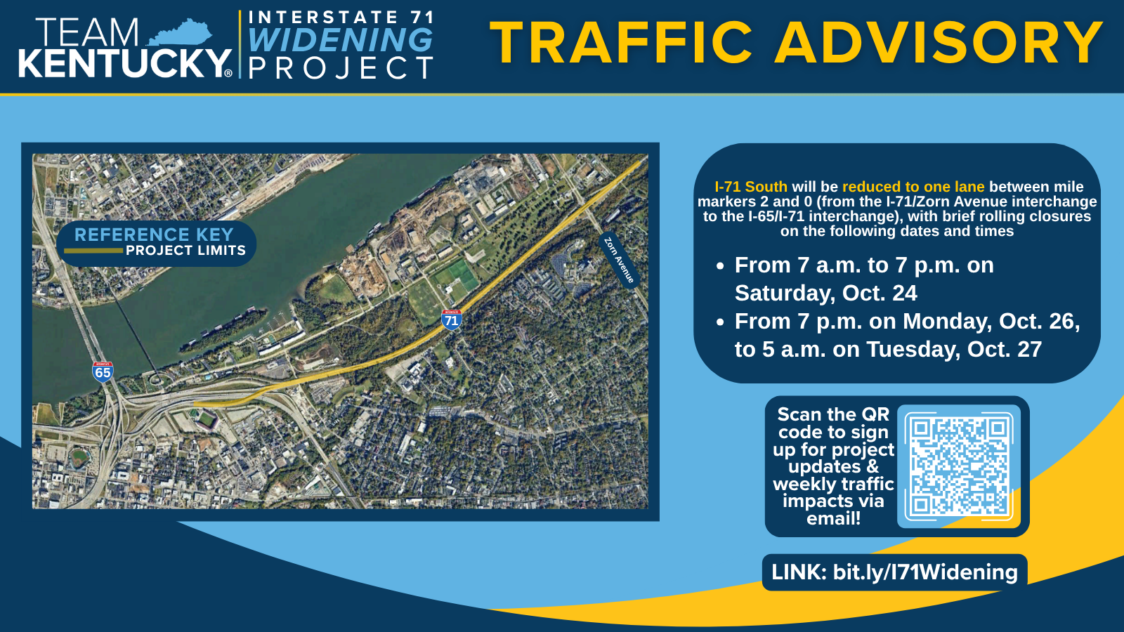 Map of the I-71 widening project limits in Louisville and the Oct. 24 and Oct. 26-27, 2026 lane closures on I-71 South (Kentucky Transportation Cabinet graphic)