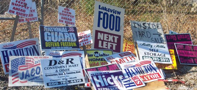 Illegally placed signs removed from state highway rights-of-way in Knott County.