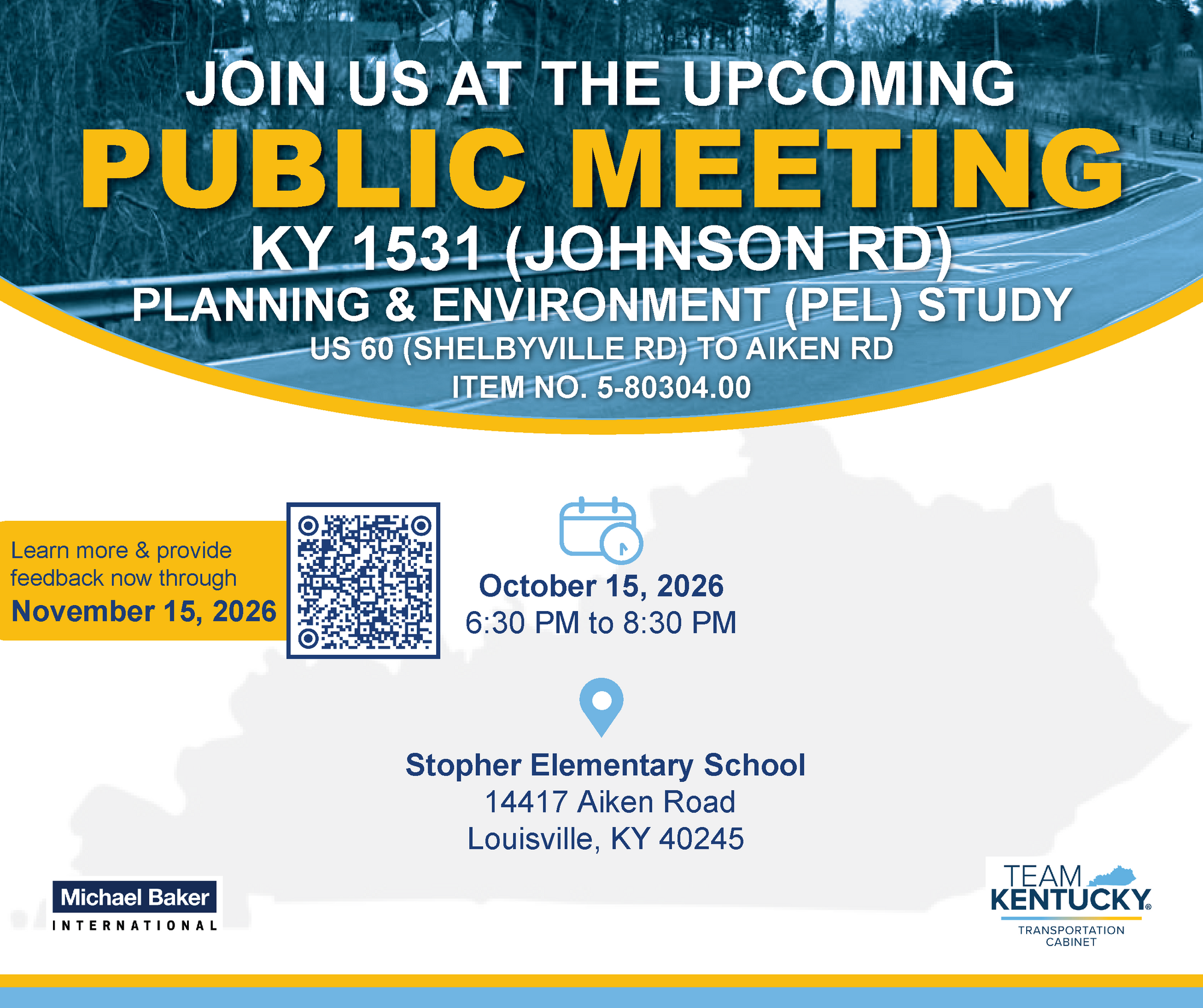 Announcement of the October 15, 2026 public meeting for the KY 1531 (Johnson Road) study (Kentucky Transportation Cabinet graphic)